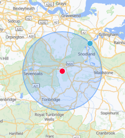 A map showing the service area for mobile sports massage around the M26 corridor, covering towns including Sevenoaks, Tonbridge, Snodland, and parts of Maidstone and Orpington.